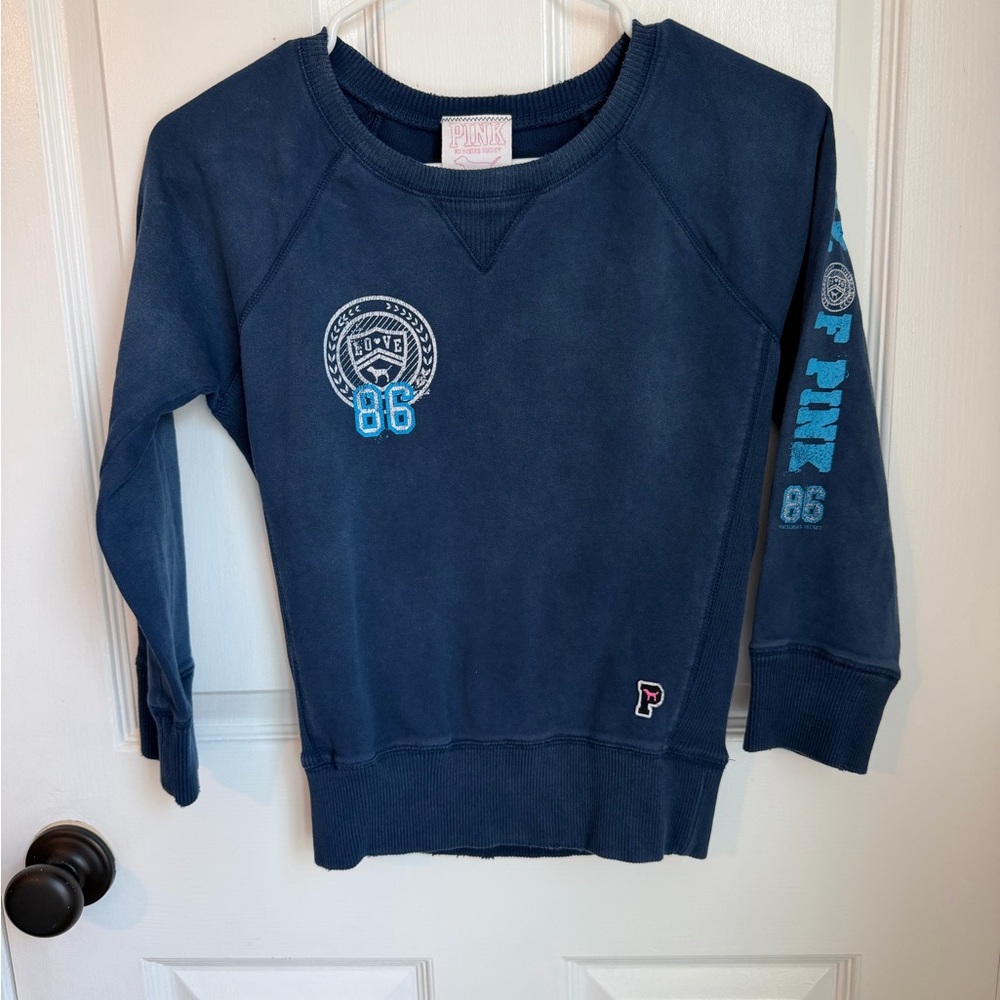 PINK Victoria's Secret Navy Sweatshirt with Light Blue 86 Accent